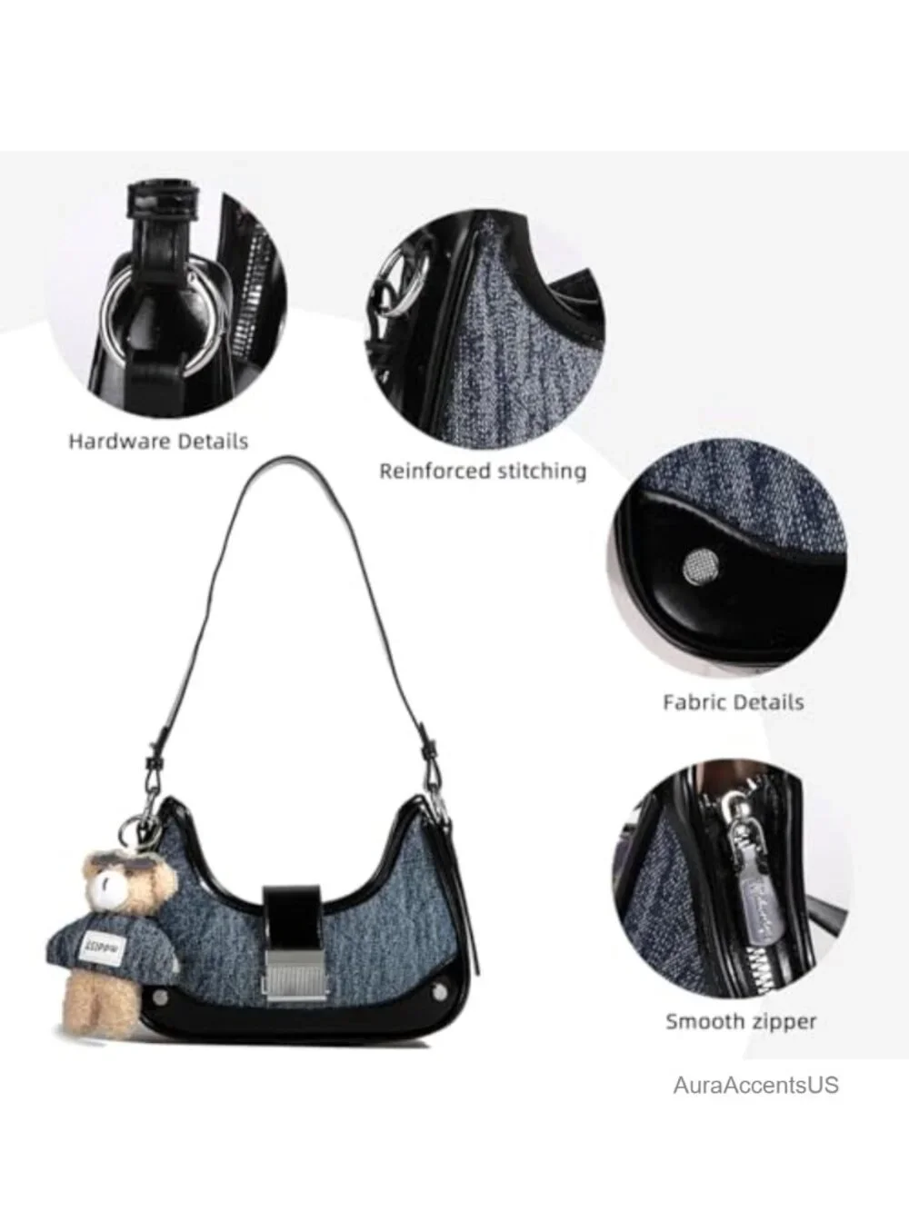 Denim & Leather Patchwork Shoulder Bag Vintage Satchel with Bear Charm
